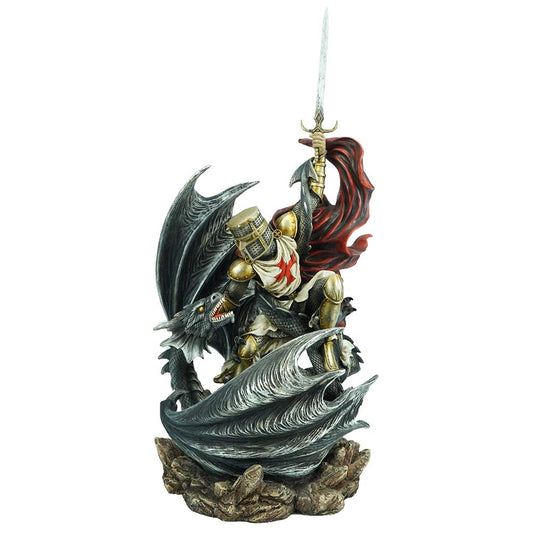 Dynamic resin figurine of an armoured knight slaying a dragon