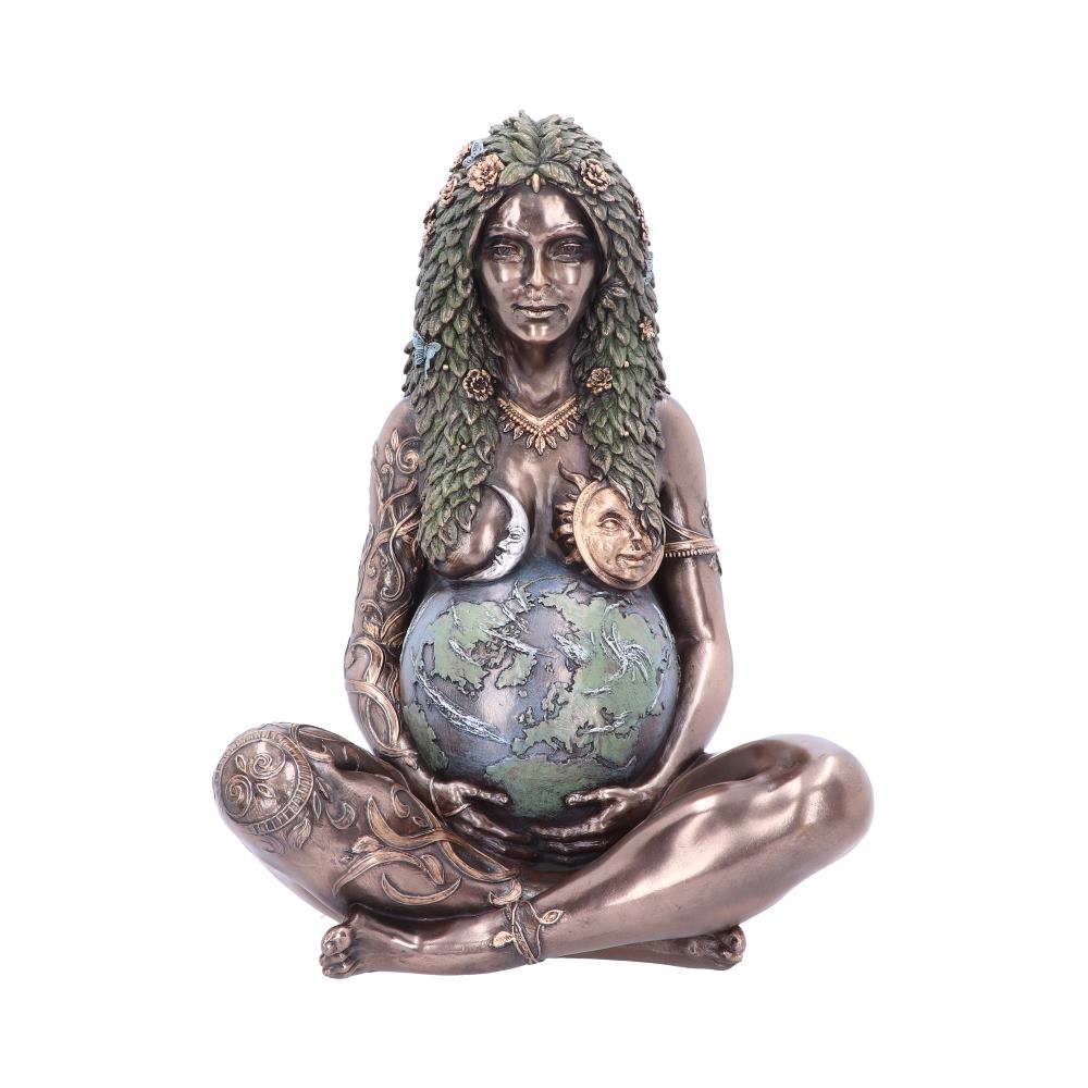 She cradles the Earth as a pregnant belly.