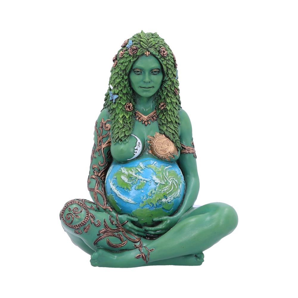 She cradles the Earth as a pregnant belly.