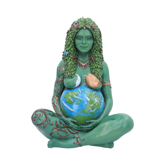 She cradles the Earth as a pregnant belly.