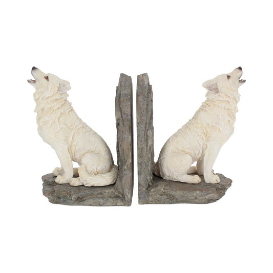 Featuring two howling white wolves.
