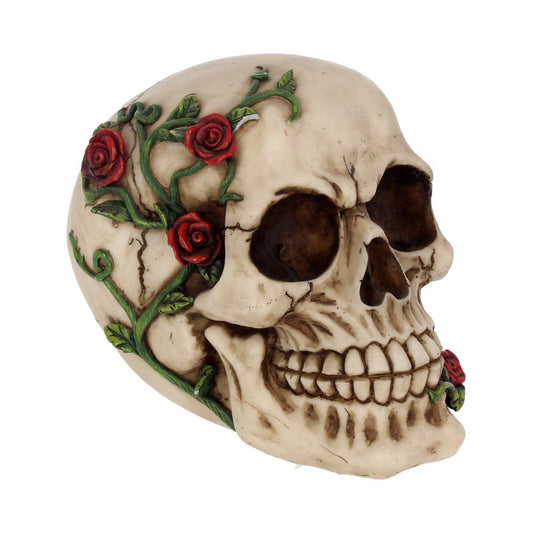 Gothic Rose Vine Covered Skull Figurine.