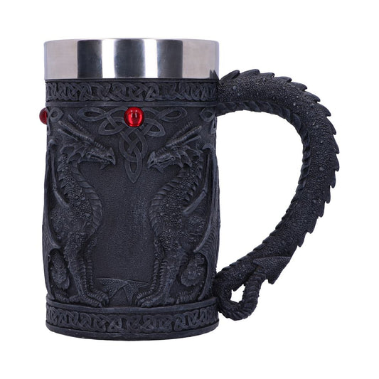 Decorated with Celtic knots and dragon pairs, under ruby gemstones