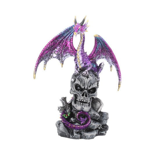 The purple dragon grasps the top of the skull waiting to cause terror.