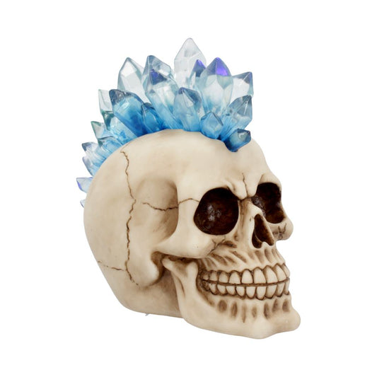 The relasitc bone skull sharply contrasts with the blue crystals.