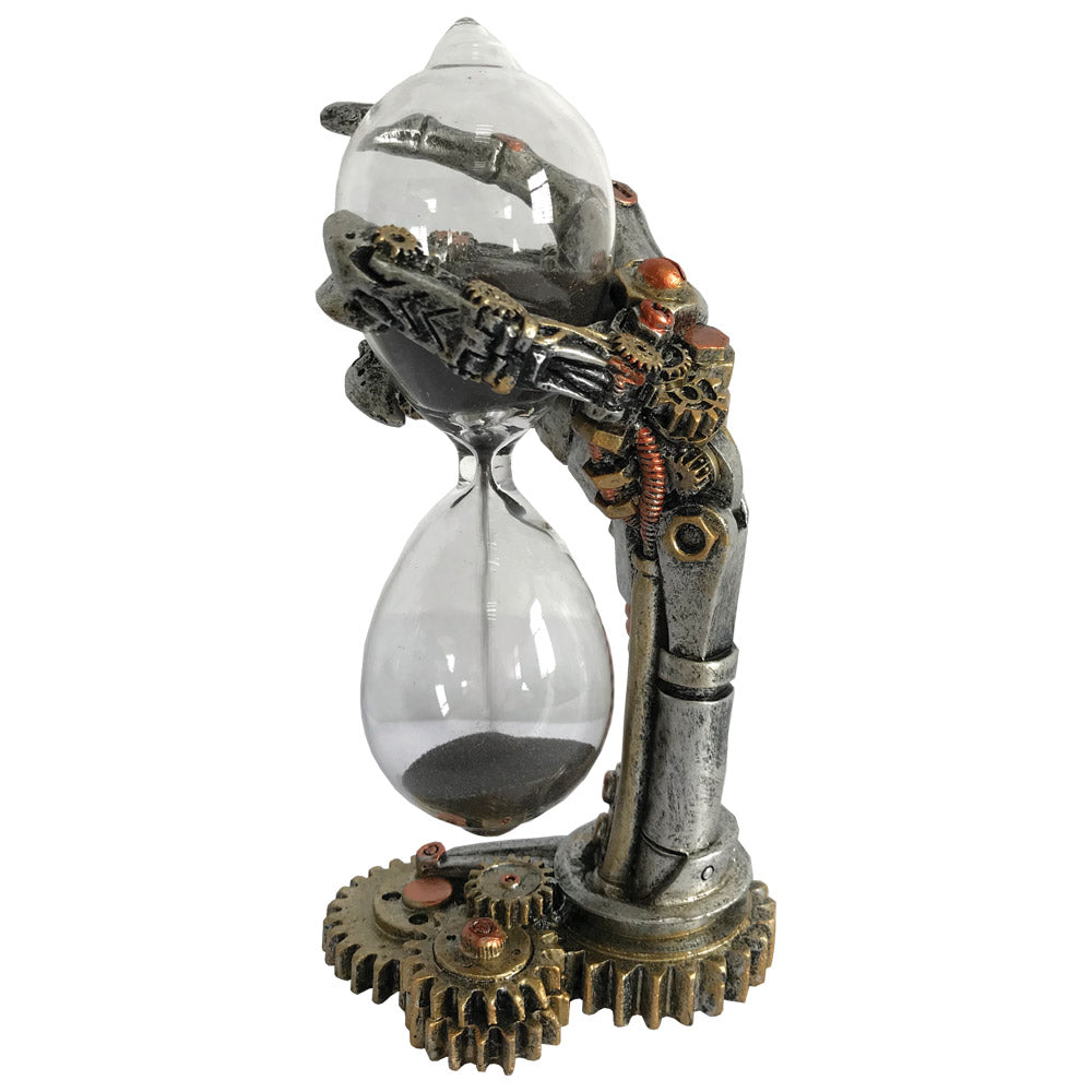 This metallic hand emerges from cogs and gears.