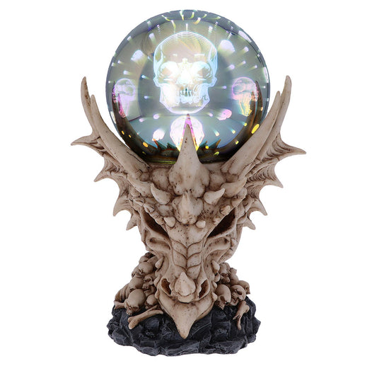This Dragon skull becomes the plinth for this large silver orb.