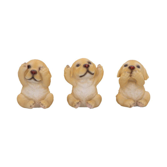 Set of 3 golden labrador figurines in Three Wise Monkeys" poses."