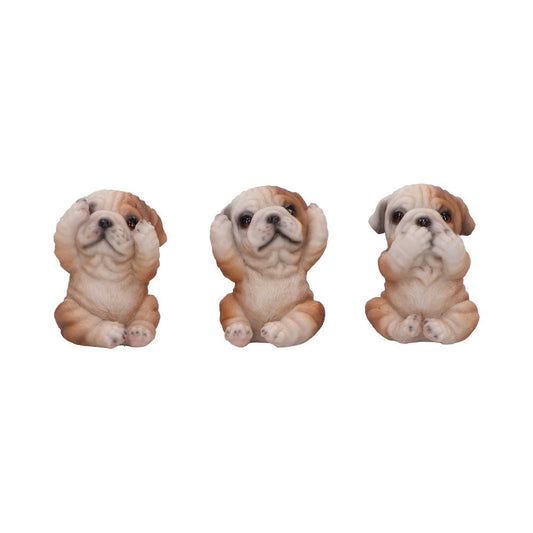 Set of three bulldog figurines, each embodying the Three Wise Monkeys" poses."