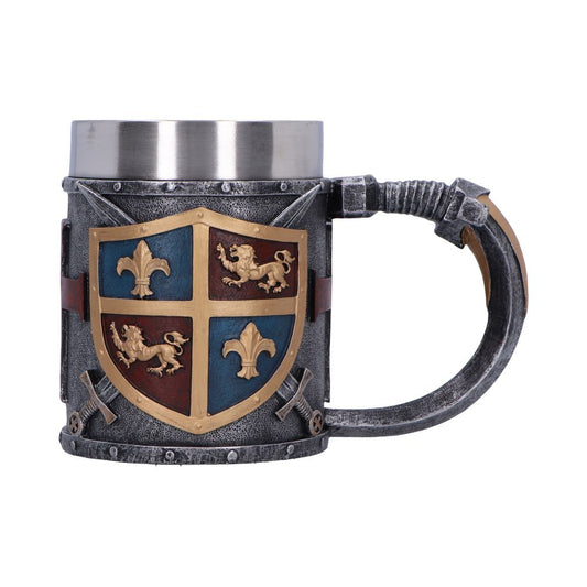 Medieval inspired resin tankard with detailed heraldic symbolism.