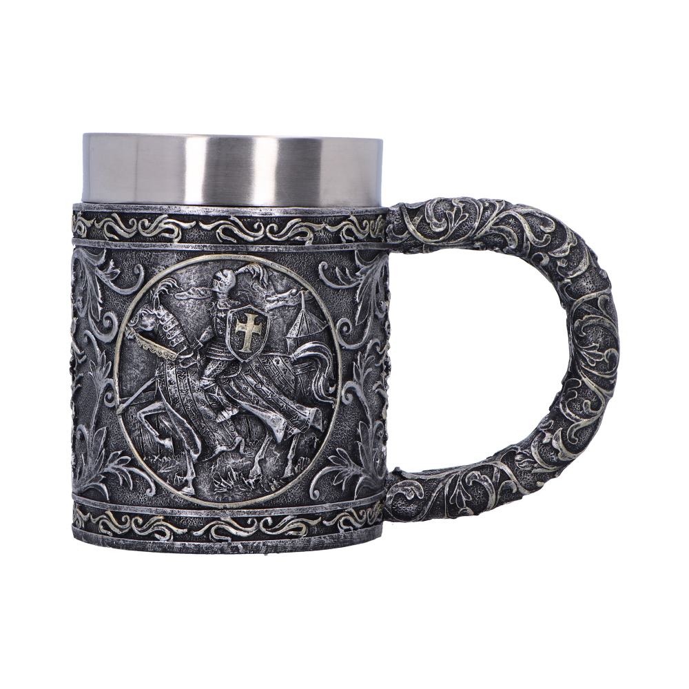 Medieval inspired resin tankard with detailed heraldic symbolism.
