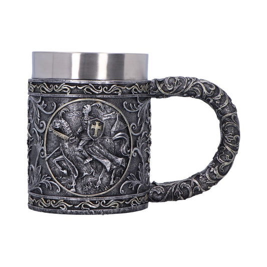 Medieval inspired resin tankard with detailed heraldic symbolism.