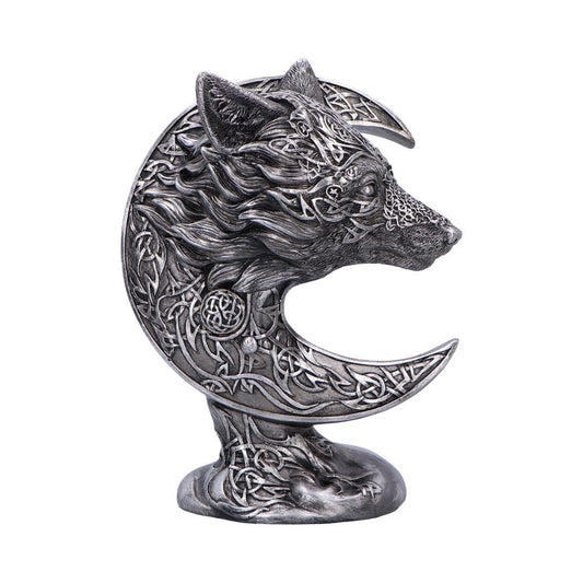 Symbolic figurine featuring a wolf within a crescent moon design.