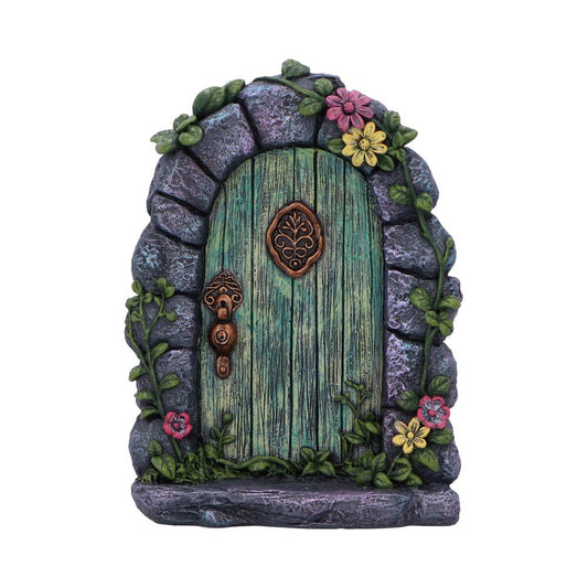 Detailed fairy door with stone arch and enchanting green wooden door