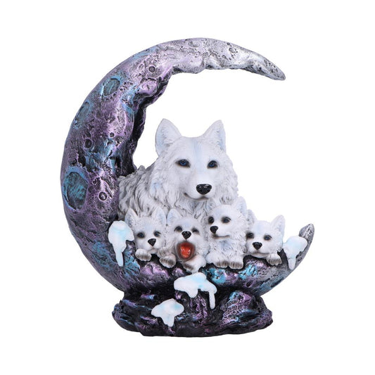 Features 4 wolf pups resting in a crescent moon with a grown wolf