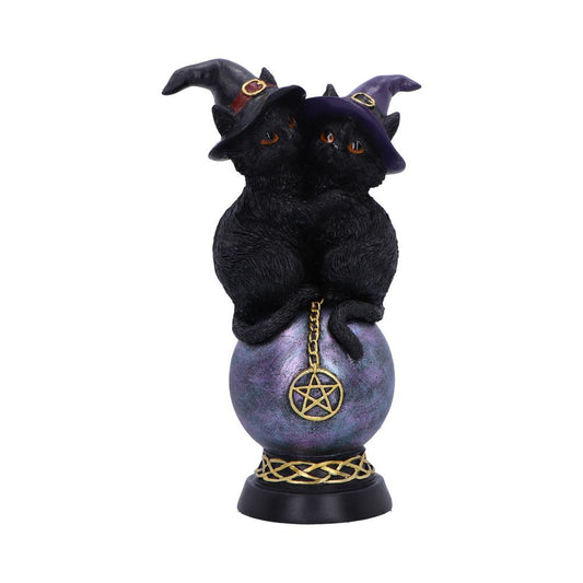 Enchanting design  Two witch-hat kittens perched on a crystal ball.