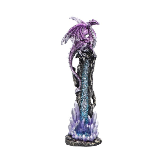 Intricately designed resin incense holder with crystal base and purple dragon